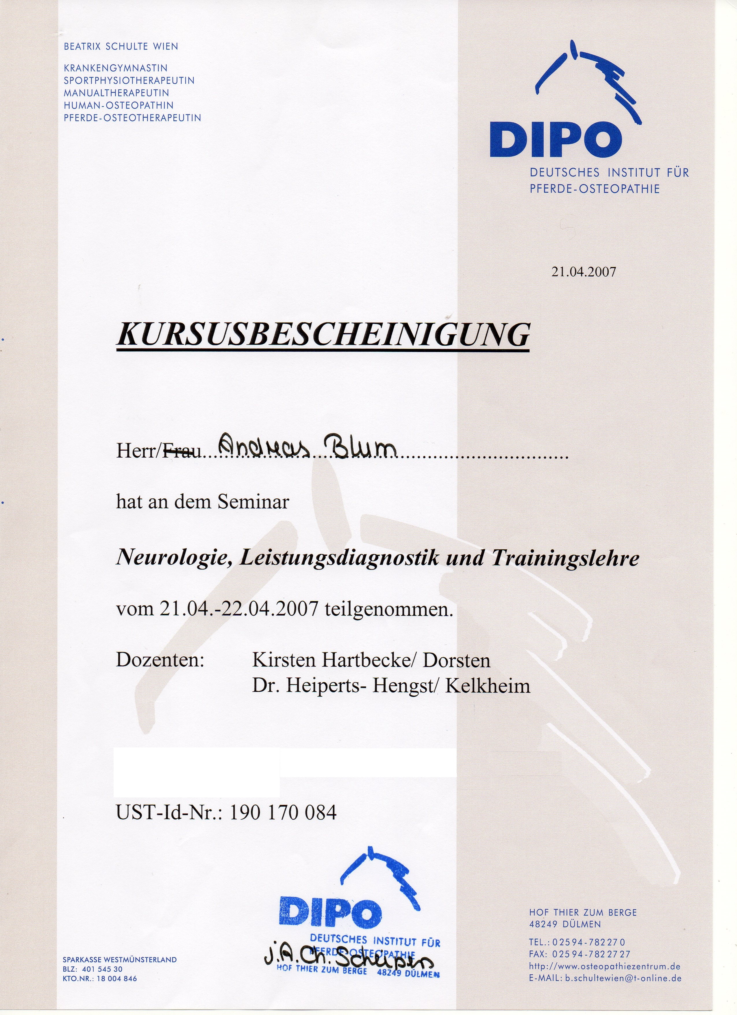 Neurologie, Leistungsdiagnostik & Trainingslehre am 21.-22.04.2007 am DIPO